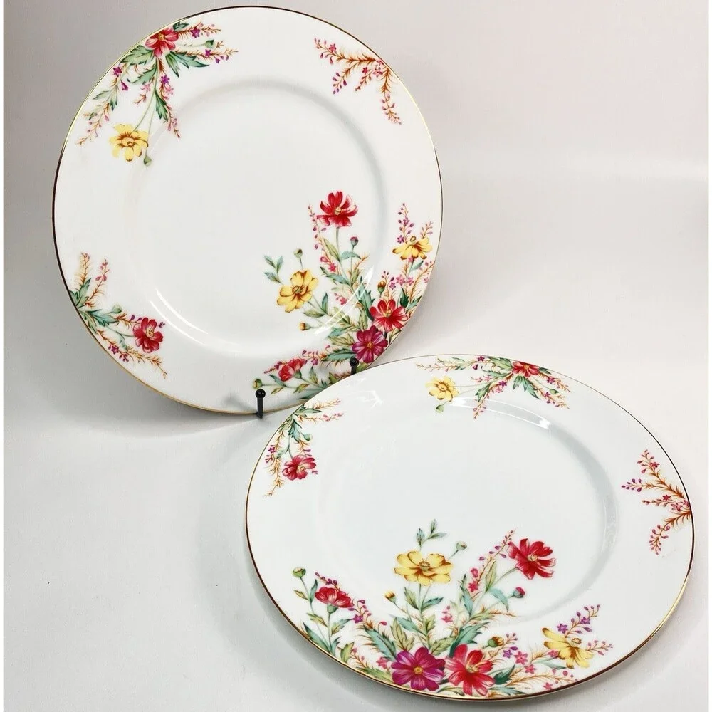 Vtg Set/2 Kent China Springfield Dinner Plates Grannycore Floral Gold Trim 10.5